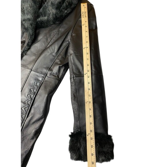 Women's Long Black Leather Trench Coat Faux Fur Trim Excelled Collection Size L - Picture 11 of 12